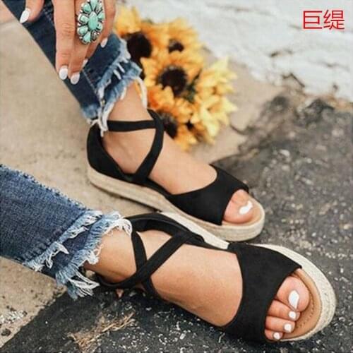 Summer Womens Sandals Flat hemp rope Round head Wedge Muffin with PU Buckle Woman shoes
