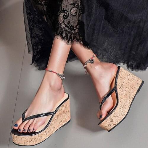 2021 Women Chunky Sandals High Heels Wedges Flip Flops Lady Pure Color Water 2021 New Summer Women Shoes Wedge sandals