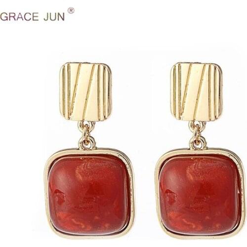 GRACE JUN Vintage Style Acetate Clip on Earrings and Drop Pierced Earrings for Women Elegant Wedding Red Color Charm Earrings