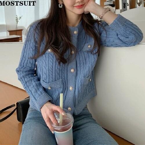 Elegant Vintage Knitted Cardigan For Women 2021 Fall Winter Full Sleeve O-neck Sweater Tops Korean Fashion Ladies Jumpers Tops