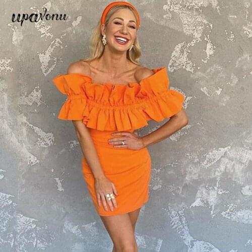 Free Shipping New Fashion Orange Ruffle Dress Ladies Sexy Strapless Sleeveless Bodycon Mini Dress Celebrity Club Party Vestidos