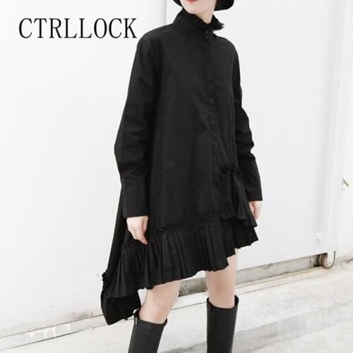 CTRLLOCK Vintage Elegant Women Pleated Dress Stand Collar Casual Ruched Single Breasted Dresses Female New