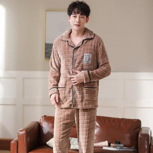 Winter Men Pajamas Sets Flannel Solid Long Sleeve Round Neck Couple Pajamas Sets Plus Size L-3XL Leisure Loose Lovers Pyjamas