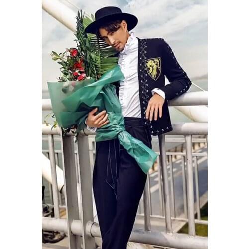 100%real Mens fashion golden embroidery badge collar european tuxedo jacket/ASIA SIZE