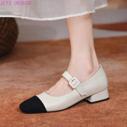 2021 New Elegant Women Pumps Buckle Loafers Fashion Ladies Shoes Comfortable PU Mid Heel Square Toe Women Office Shoes