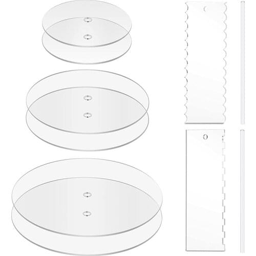 Acrylic Round Cake Discs Set- 2 Circles Each Size (158 Mil Thick), Comb Icing Scraper, Cake Edge Smoother Cream Scraper