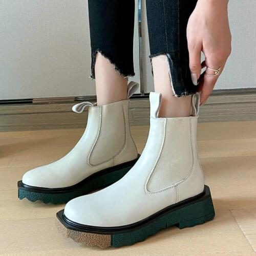 Colorblock Ladies Short Boots Spring Autumn Leather Fashion Slip On Chelsea Boots Winter Thick High-Heel Elastic Womens Shoes