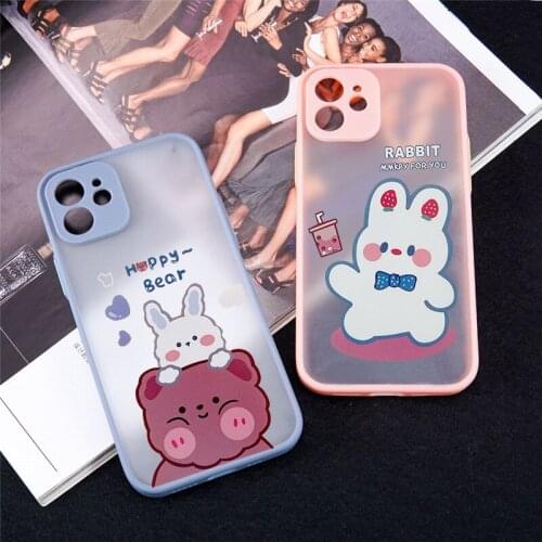 Cute Bear Rabbit Milk Tea Pattern Phone Case for iPhone 12 11 Pro Max X XS XR SE20 6 7 8 Plus Shockproof Matte Couple Cover Bag