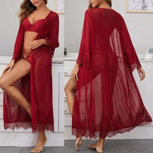 Hot Erotic Underwear Women Transparent Lace Mesh Lingerie Femme Long Sleeve Gown Robe Bathrobe Porno Babydoll Dress Lenceria Sex