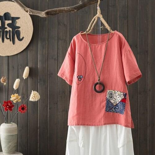 Summer Cotton Linen T Shirt Women Printed Vintage Patchwork Casual Tops Clothes 2021 New Short Sleeved O-Neck Tees Shirt Femme