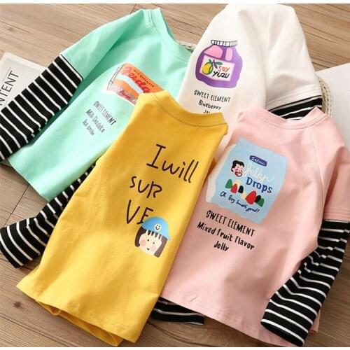 Toddler Girls T-shirts Cartoon Alphabet Print Shirts for Girls Casual Striped Long Sleeves Splice Baby Shirt 2 3 4 5 6 7 8 Years