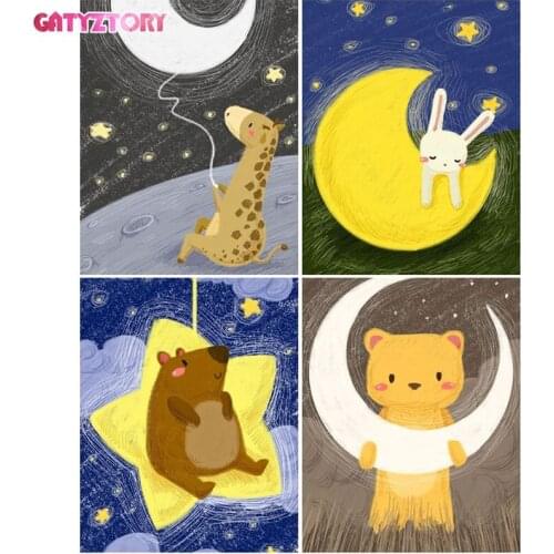 GATYZTORY 40x50cm Frame Painting By Numbers For Adults Children Moon and Samll Animals Oil Picture By Number Color On Canvas