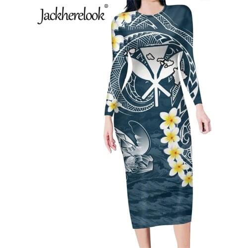 Jackherelook Elegant Womens Tunic Bodycon Dresses for Women Kanaka Maoli Polynesian Tribal Hibiscus Print Stretchy Party Dress