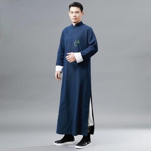 Chinese Traditional Men Black Robe Crosstalk Tang Suit Mandarin Collar Cotton Linen Losse Long Dress Kung Fu Gown Tai Chi Tops