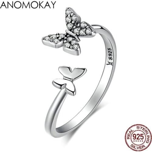 Anomokay 100% 925 Sterling Silver Dazzling CZ Butterfly Open Finger Ring Lovely Animal Free Size Silver Rings Jewelry Gift