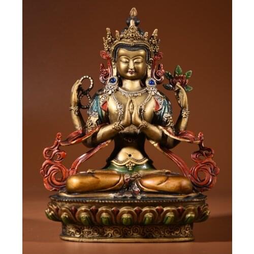 8"Chinese temple collection Old Bronze Painted Four-armed Guanyin Bodhisattva Sitting Buddha Ornaments Town House Exorcism