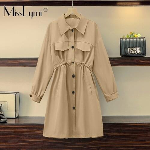 M-4XL Plus Size Women Thin Windbreaker Jacket Spring 2021 Single Breasted Turn-down Collar Long Sleeve Drawstring Coat Female