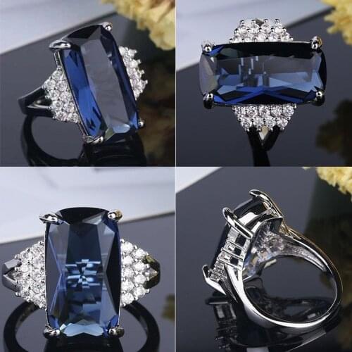 Fashion Silver Color Dark Blue Geometric Rectangle Crystal Zircon Rhinestone Female Ring for Women Party Jewelry