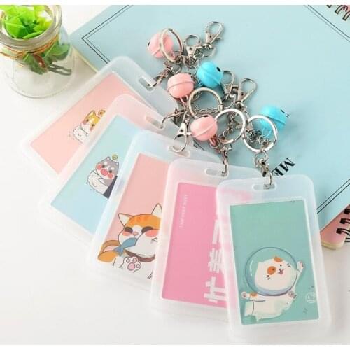 Cartoon Bank Office Bus School Business Credit Card Holder Cute Student Worker ID Card Case with Bell Keychain for Kids Gift