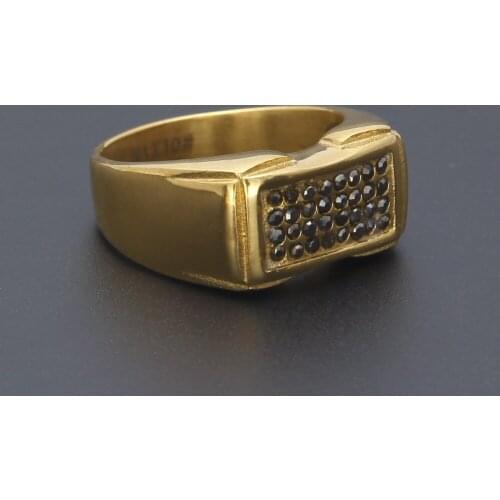 Hip Hop Mens Gold Color Stainless Steel Ring Color Preserving Plating Black Stone Ring