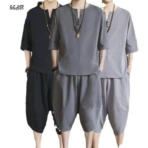 Mens Linen Set Chinese Windy Big Code Loose Pants Casual Tang Cotton Two-piece Set Men Graphic T Shirts Off White Men Clothing