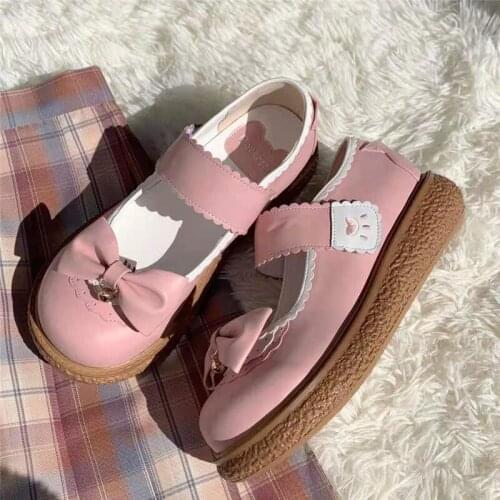 New Kawaii Lolita Shoes Japanese Round Head Bow Sweet Girl Loli Shoe Cute Student Cosplay Anime Goth Mid Heel Fashtion Platform