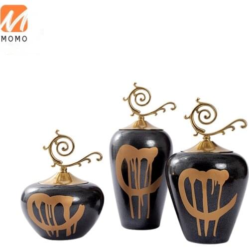 [Clearance] New Chinese Black Gold Ceramic Storage Jar Model Room Soft Decoration Window Home Decorations and Accessories TZ