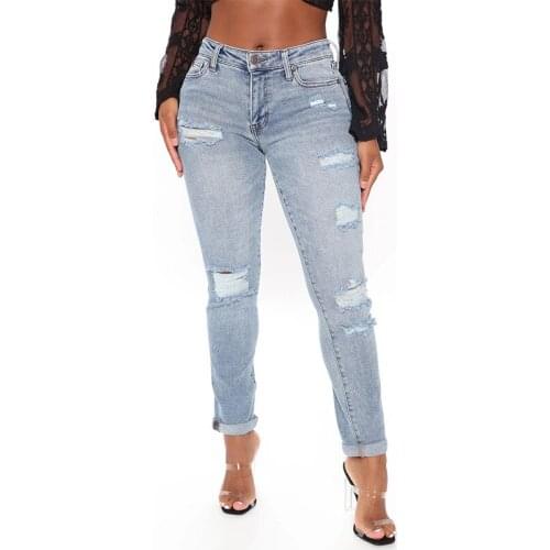 Sexy Ripped Jeans for Women Fashion Slim Stretch Mid Waist Denim Pencil Pants Lady Casual Skinny Distressed Jeans Femme Pantalon