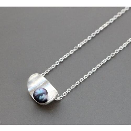Freshwater 7mm Black Pearl Silver Pendant Retro Style Authentic 925 Sterling Silver Necklace Women Fashion Jewelry Gift