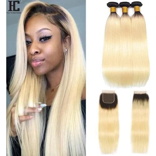 1B 613 Brazilian Straight Hair Bundles With Closure Human Hair Weave Bundles With Closure Remy 1B Blonde Bundles With Closure