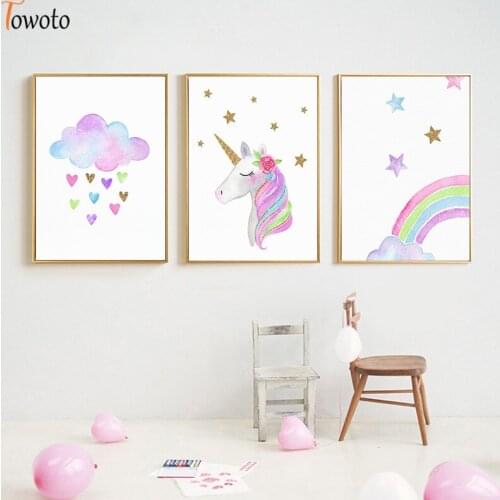 Rainbow Cloud Stars Unicorn Print Cartoon Canvas Painting Nordic Kids Poster Pink Nursery Wall Art Baby Girls Room Wall Pictures