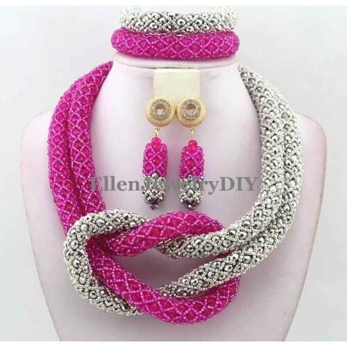 Silver/Hot Pink Beads for Women Bridal Jewelry Nigerian Wedding African Beads Jewelry Set Choker Necklace sets W12826