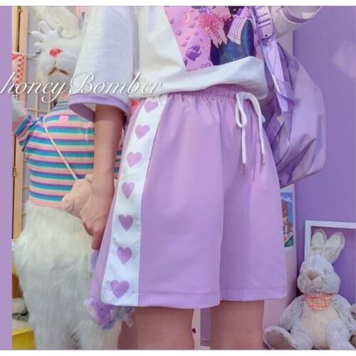 Harajuku Sweet Love Heart Print Patchwork High Waist Shorts Women Summer Elastic Waist Drawstring Kawaii Girls Purple Shorts