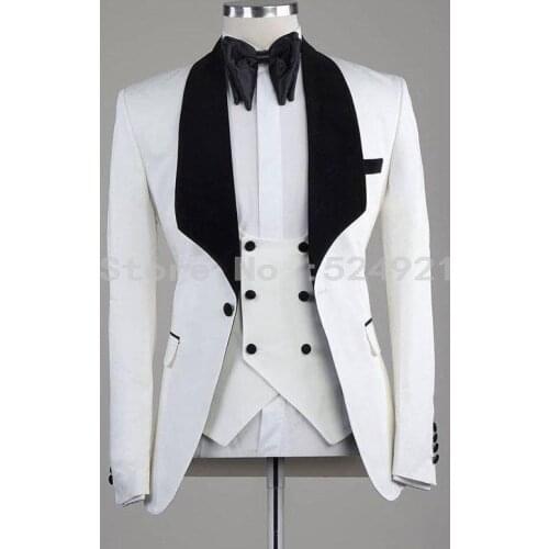 Groomsmen White Groom Tuxedos Shawl Black Velvet Lapel Mens Suits Wedding Best Man 3 Pieces ( Jacket+Pants+Vest+Tie ) C832
