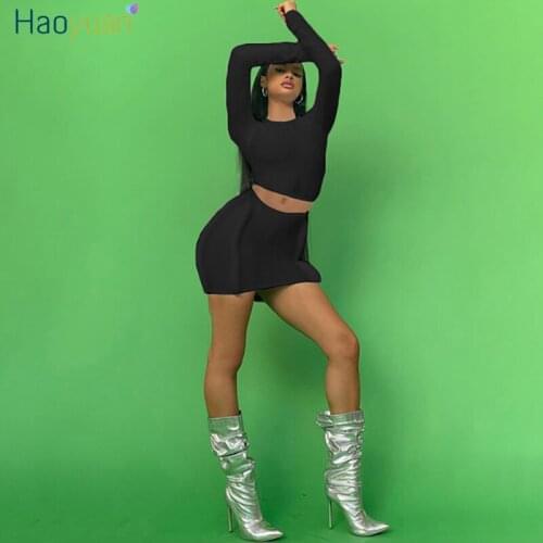 HAOYUAN Sexy Two Piece Set Womens Long Sleeve Crop Top and Mini Skirt Fall 2021 Fashion Rave Club Outfits Bodyocn Dress Sets