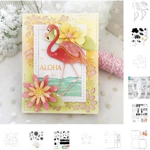 Hello Summer Flamingo Animal Flower Cutting Dies and Stamps Scrapbook Diary Decoration Stencil Embossing Template DIY Albums