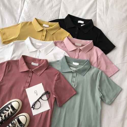 Women Solid Buttons Vintage T-Shirts Casual Tum-Down Collar Short Sleeve Ladies Summer Korean Tshirt Tops Female