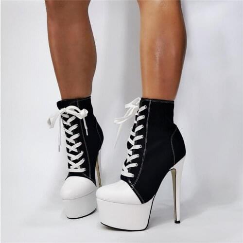 Hot Girls Black White Patchwork High Heel Ankle Boots Woman Fashion Round Toe Platform Lace Up Short Boots 100% Real Photos