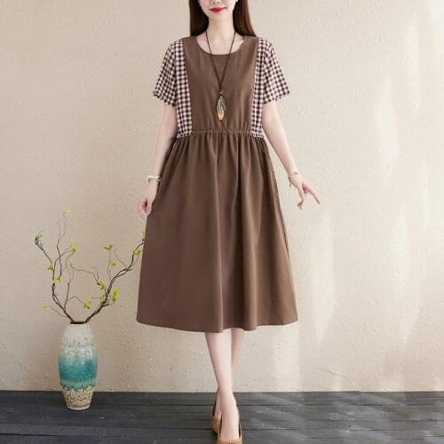 Women Summer Loose Casual Dress New Arrival 2021 Vintage Style O-neck Patchwork Plaid Ladies A-line Long Dresses B331