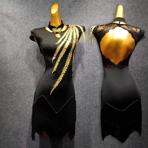 Latin Dance Dress 2020 Adult Beauty Back Fringe Dress Lace Black Dress Women Performance New Competition Robe Danse Latine 1383