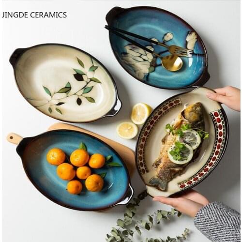 1pcs Consumer and Commercial Hand-painted Binaural Fish Dish Western Food Buffet Pastry Wine Tray Dishes Kitchen Supplies