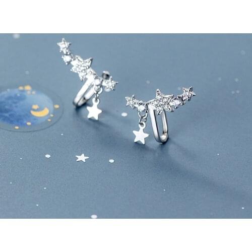 100% Real 925 Sterling Silver Star Ear Cuff Earrings Cute Zircon Non-Pierced Cartilage Earrings for No Piercing Ears