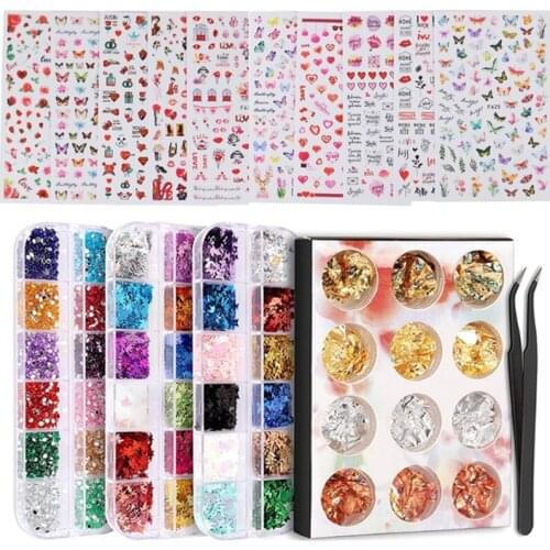 27RC 1Set Nail Art DecorationKit Nails Stickers Multi Shapes with Tweezers for DIY Manicure Tool