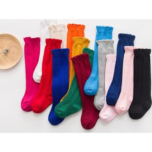 1 Pair Spring Autumn Winter Cotton Lace Double Needle Children Breathable Socks Solid Baby Girls Knee Socks School