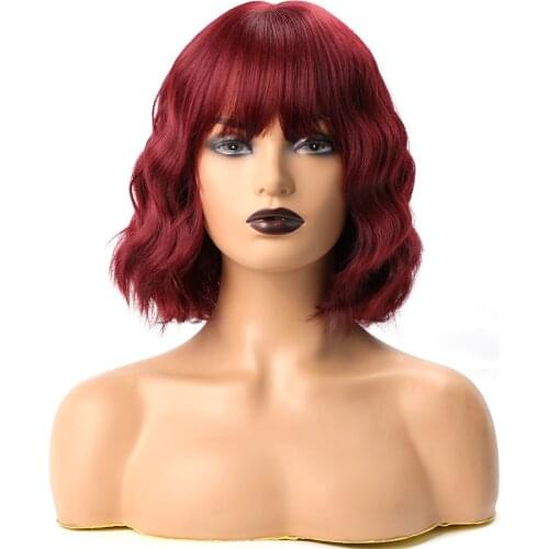 Short Brown Wig Synthetic Wigs with Bangs for Women Purple Water Wave Natural Bob Wigs Heat Resistant False Hair