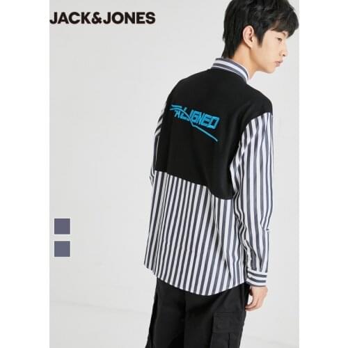 JackJones Mens 100% Cotton Loose Fit Letter Embroidery Spliced Stripes Pointed Collar Long-sleeved Shirt | 220305083