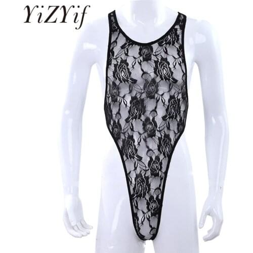 Mens One Piece Lingerie Floral Lace Mankini Bodysuit Catsuit Sissy lace Pouch Body suit Jumpsuit Nightwear Sleepwear