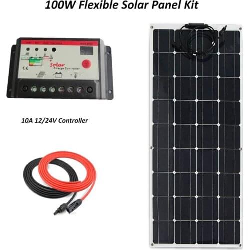 Portable Solar Panel System Kit Flexible 100W plate CELLS Monocrystalline silicon Panels+10A LED solar charge controller+ cable