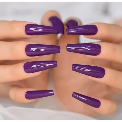 Press On Nails Long Solid Color Fake Nail Tips Gorgeous Purple Coffin Ballerina Women False Artificial Nail Art