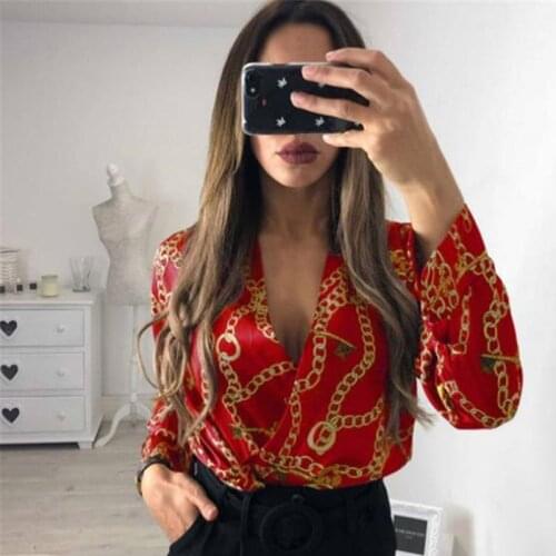 Sexy Deep V Neck Long Sleeve Blouse Casual Playsuit Vintage Print Bodysuit Women Tops